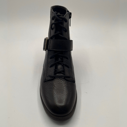 Top view of a black leather ankle boot.
