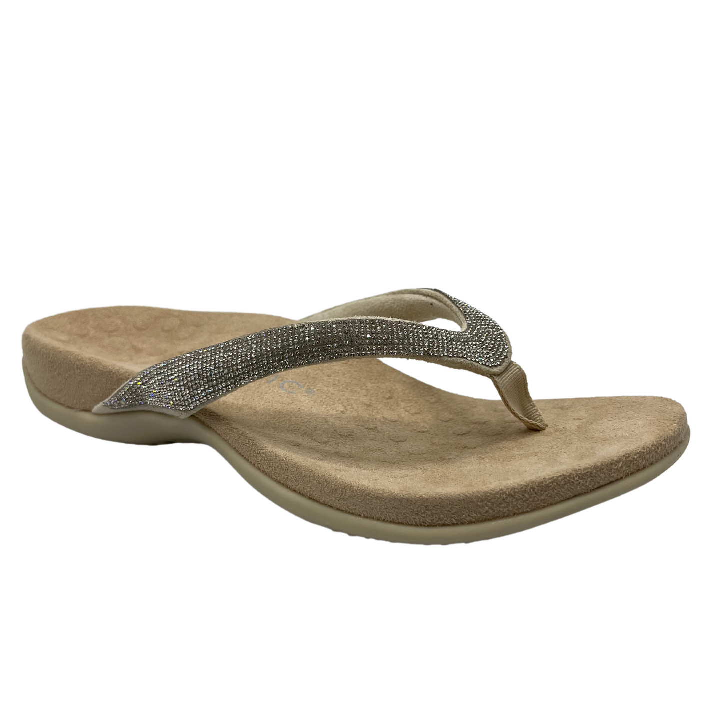 45 degree angled view of brown and silver sandal with crystal straps and microfibre footbed