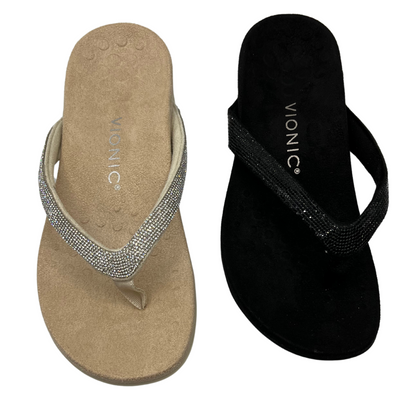 Top view of two thong sandals beside each other. Both have crystal straps and micro suede foodbeds