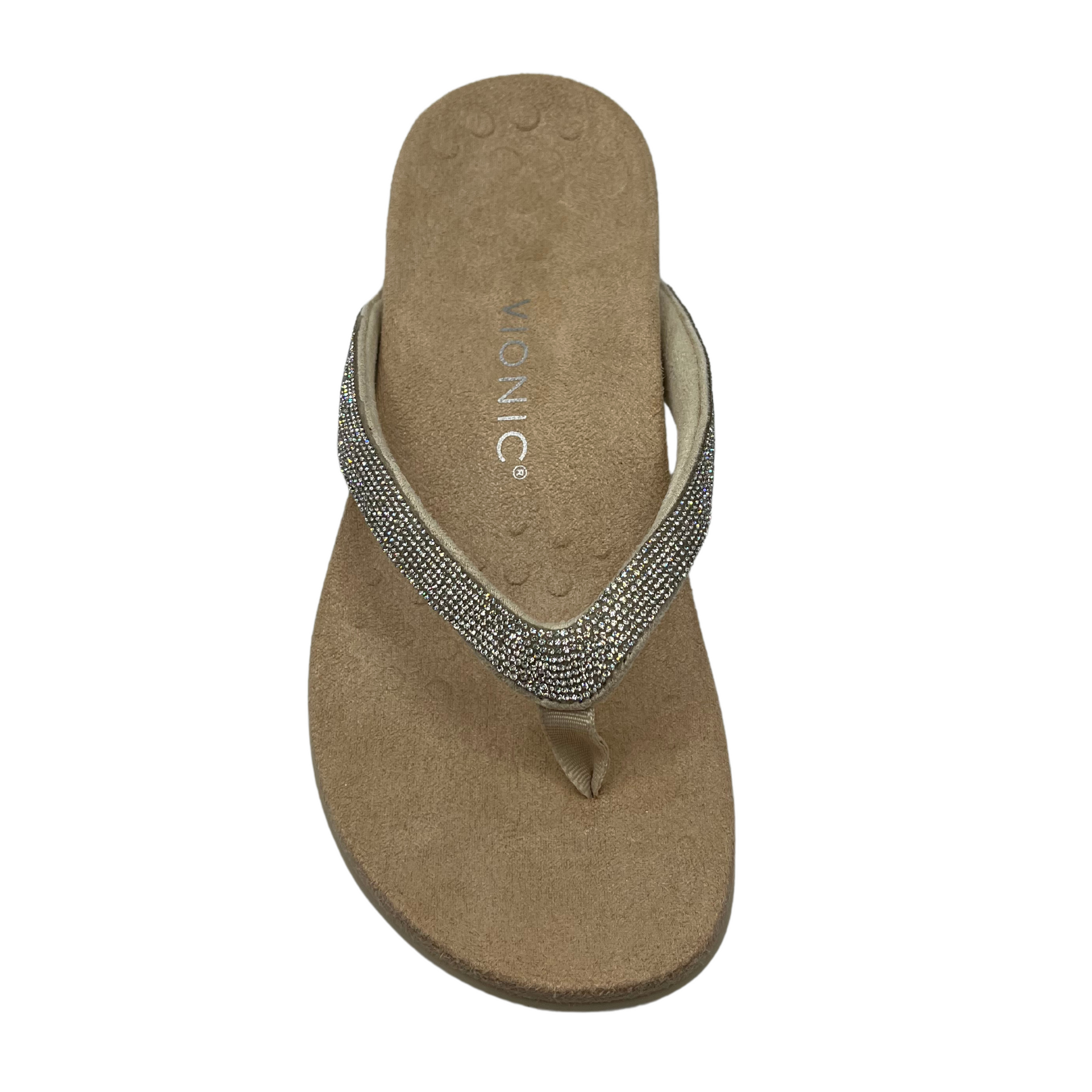 Top view of brown and silver sandal with crystal straps and microfibre footbed