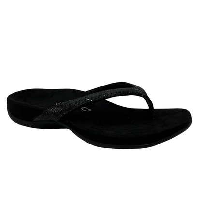 45 degree angled view of black sandal with crystal straps and microfibre footbed