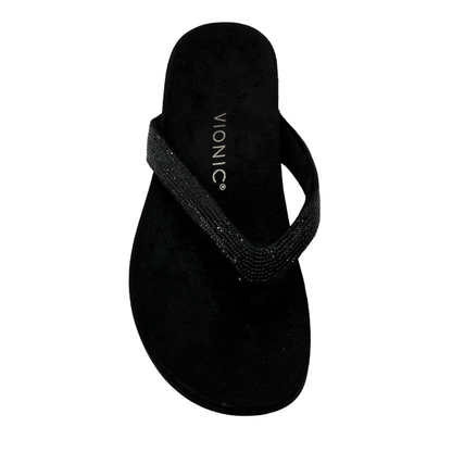 Top view of black sandal with crystal straps and microfibre footbed