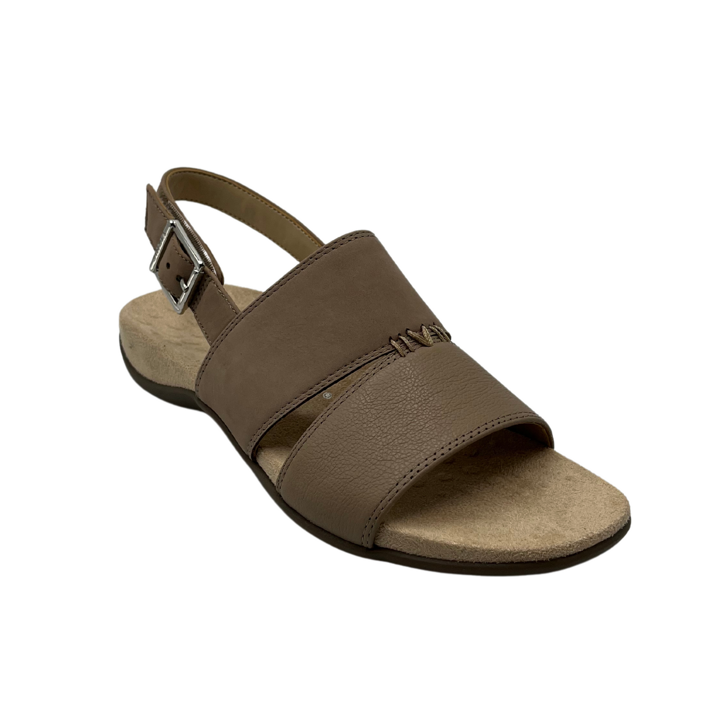 45 degree angled view of brown leather sandal with microfibre footbed and rubber outsole