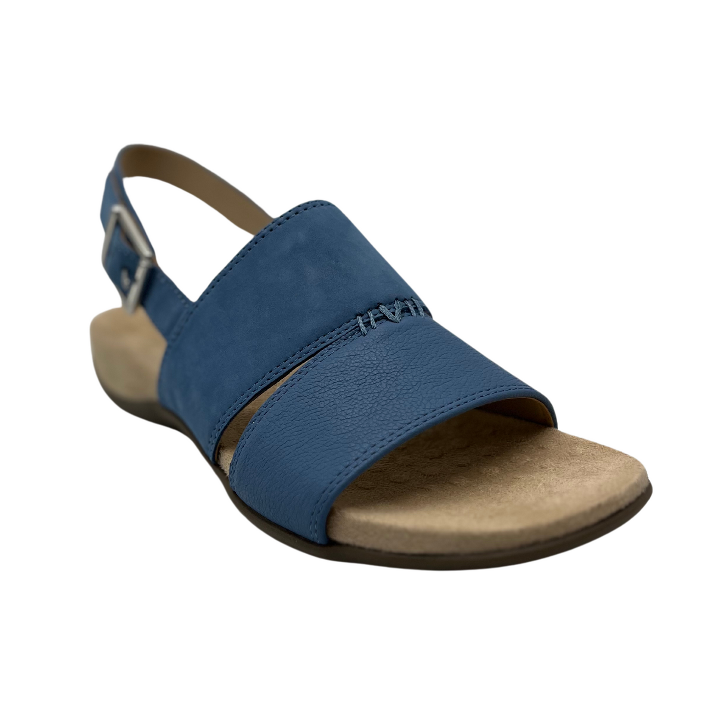 45 degree angled view of blue nubuck sandal with tan lining with sling back strap