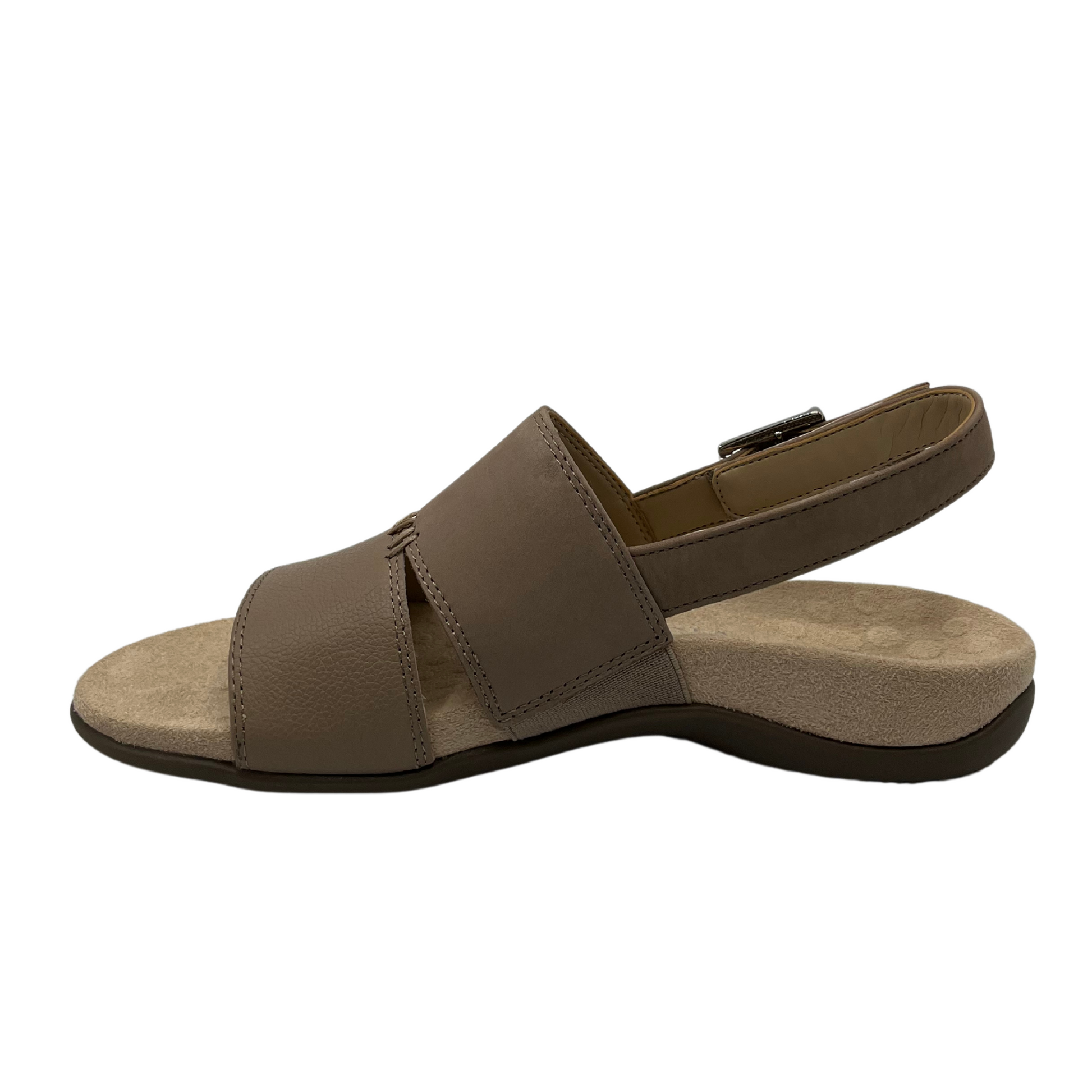 Left facing view of brown leather and nubuck sandal with 1/4 inch heel and slingback strap