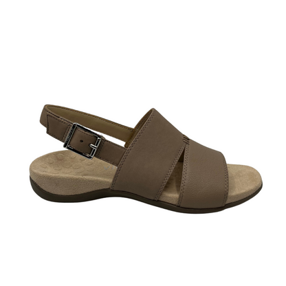 Right facing view of brown leather sandal with 1/4 inch heel 
