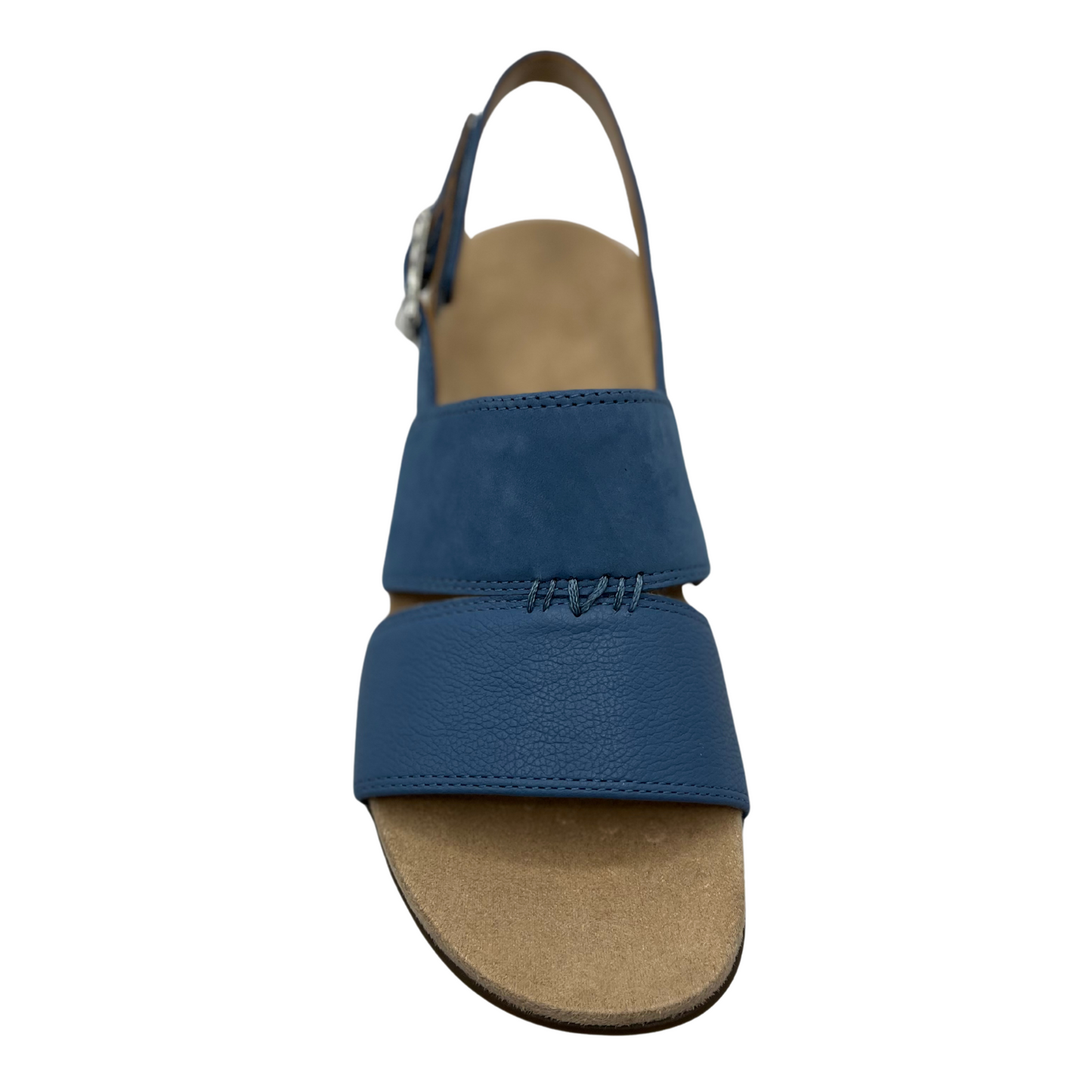 Top view of blue nubuck sandal with slingback strap and rounded toe