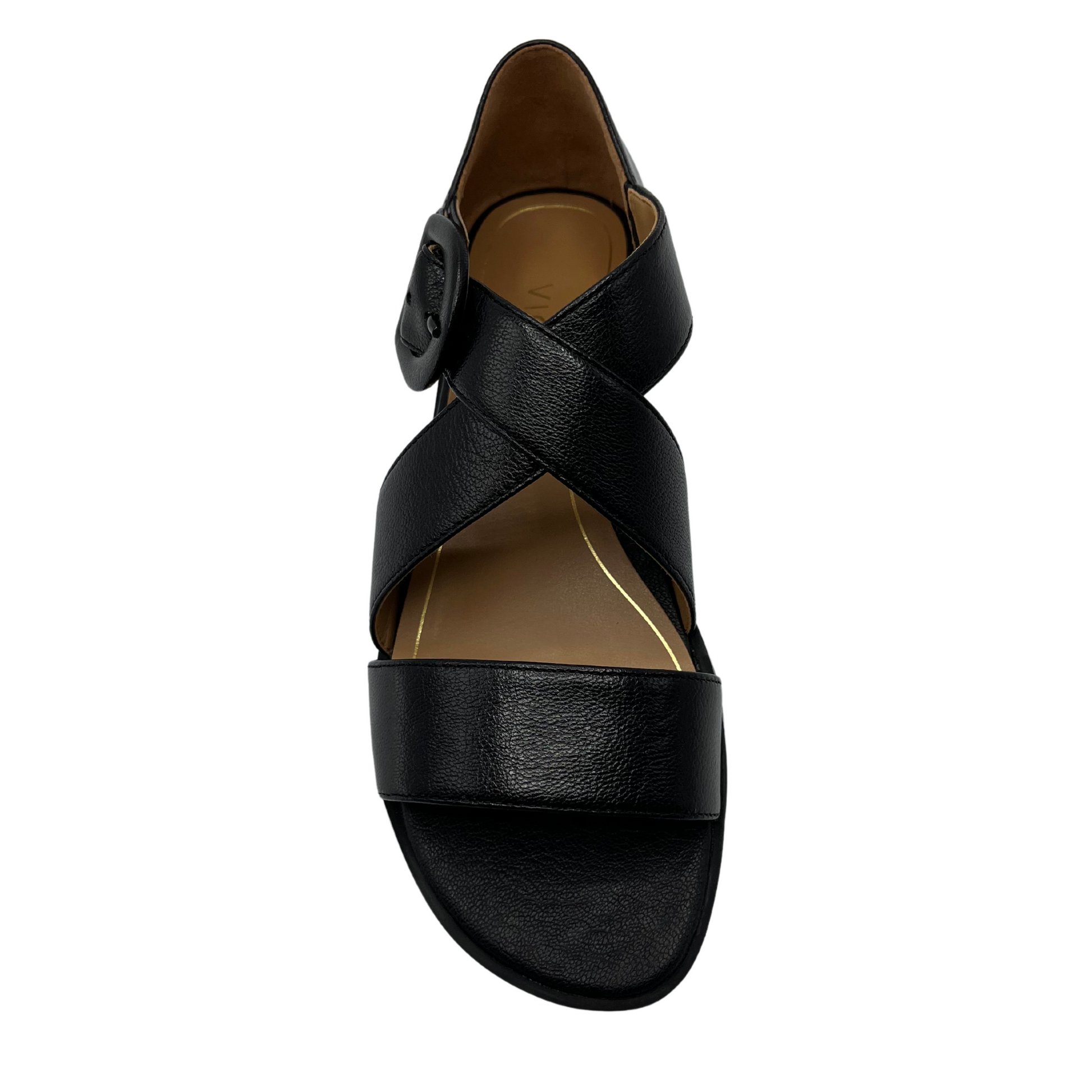 Top view of black leather sandal with criss cross straps and black buckle