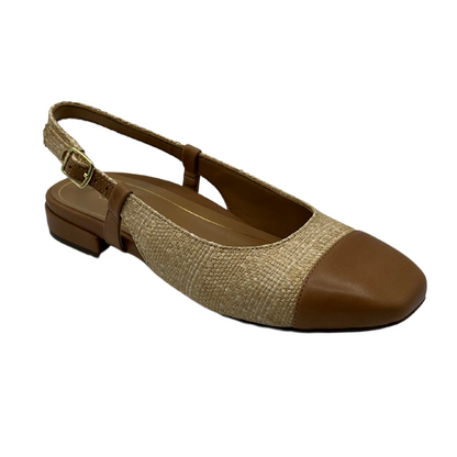 45 degree angled view of natural and tan flat shoe with slingback strap and square toe