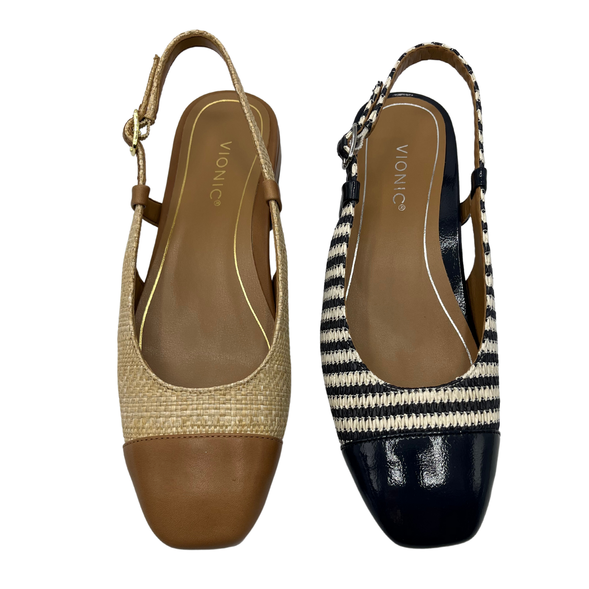 Top view of two slingback flat shoes with square toes. One is beige and one is black and white striped