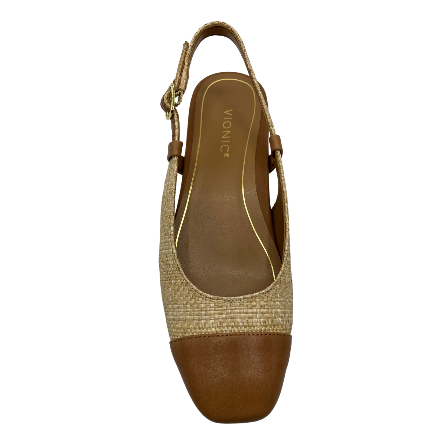 Top view of natural and beige flat shoe with slingback strap and square toe