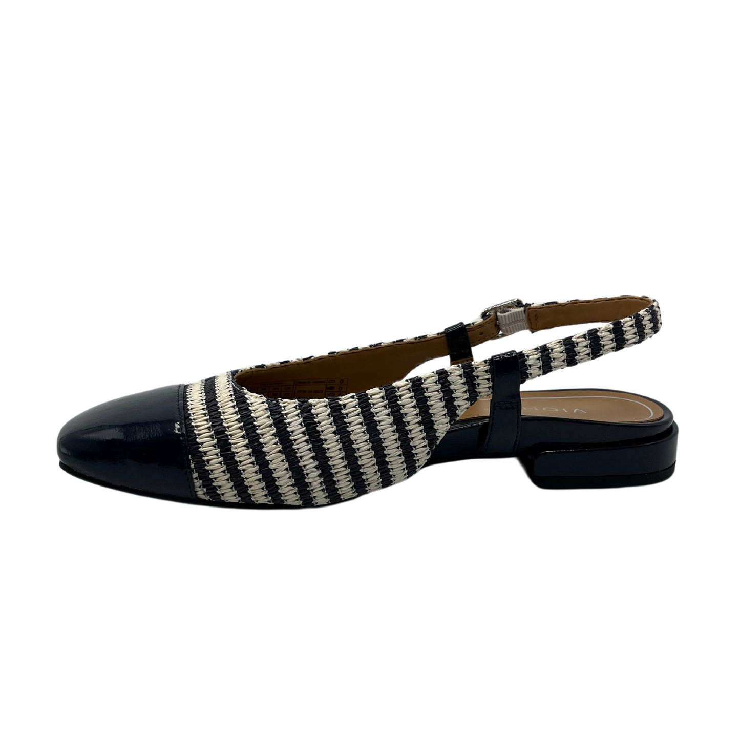 Left facing view of black and white striped slingback shoe with short heel and square toe