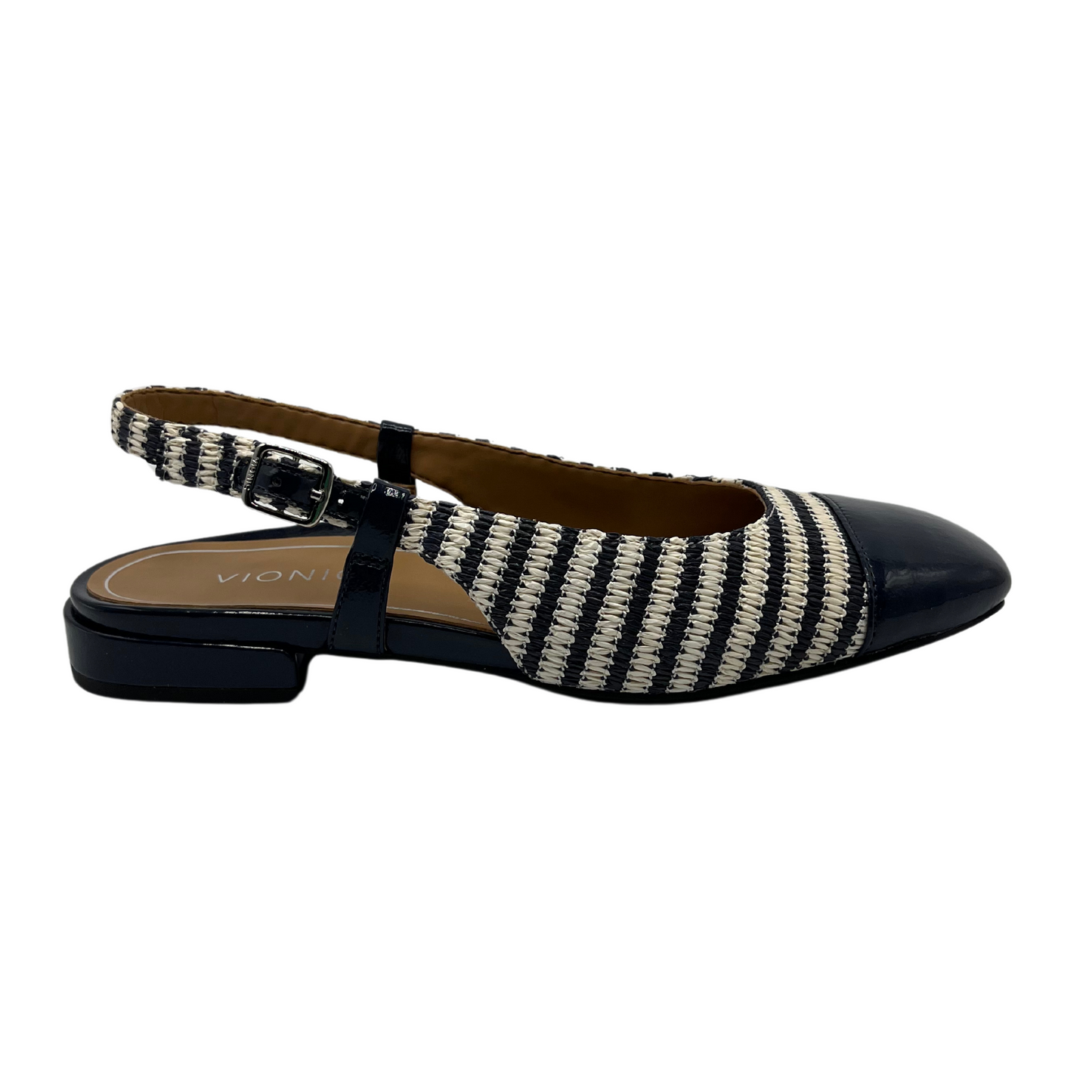 Right facing view of black and white striped slingback flat with squared toe