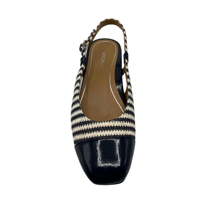 Top view of black and white striped flat shoe with slingback strap and square toe