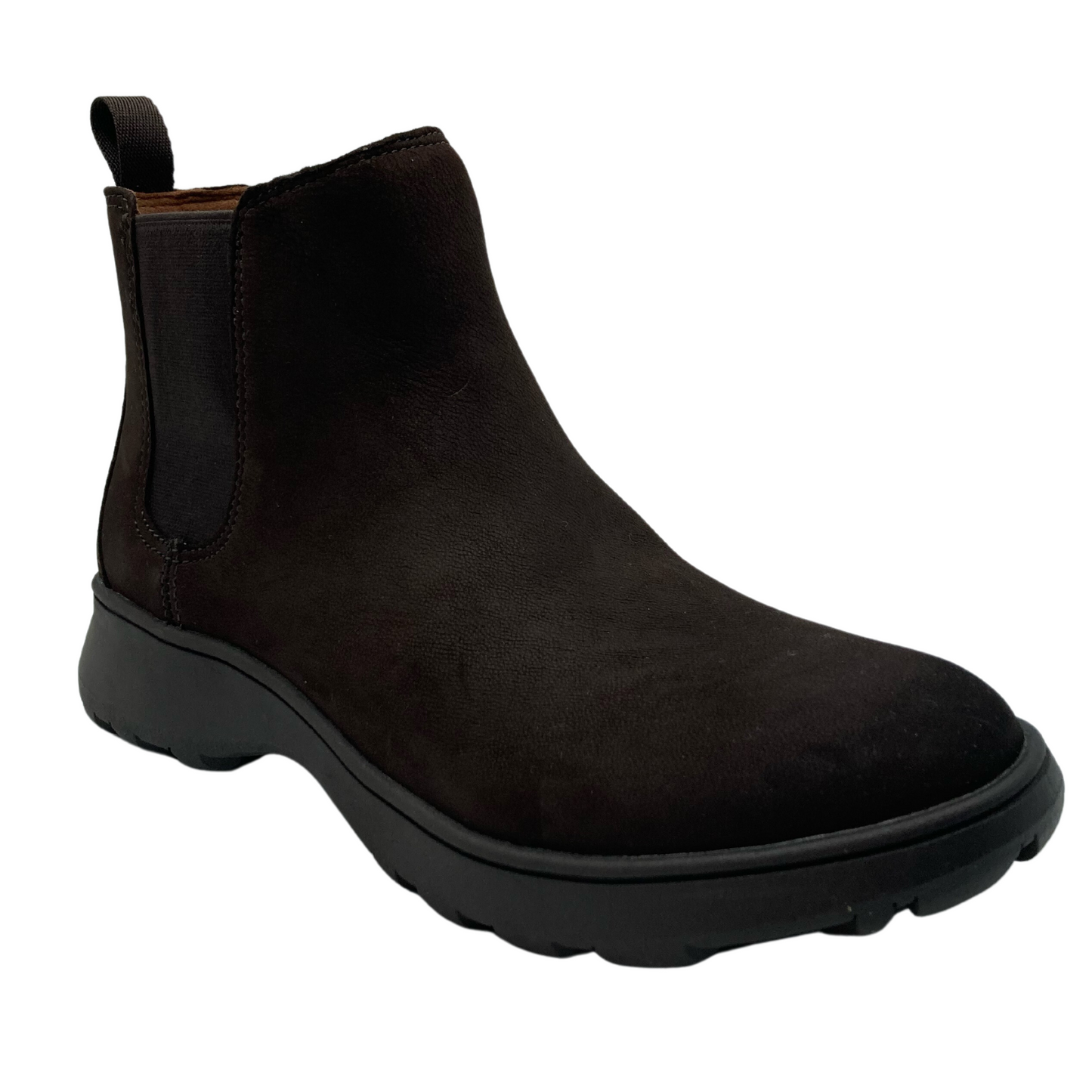 45 degree angled view of dark chocolate nubuck bootie with elastic gore and pull-on tab