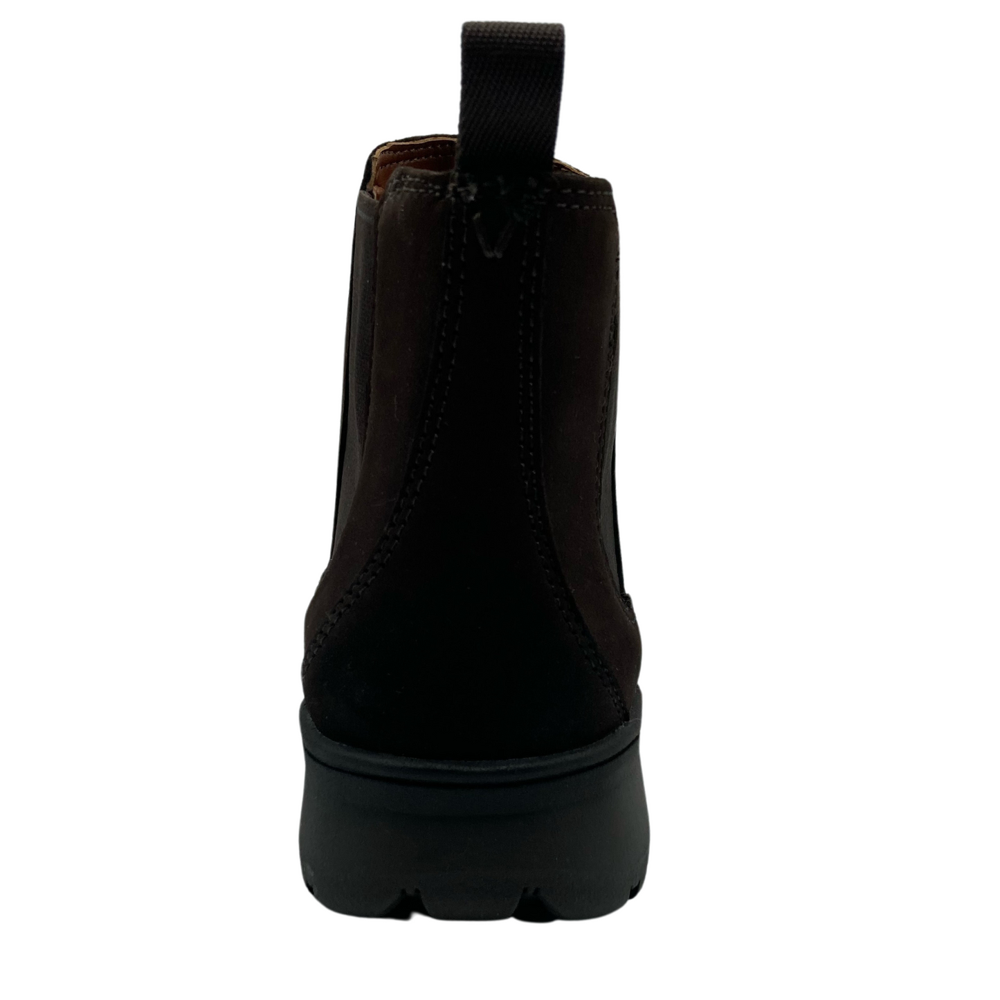 View of the back of a nubuck bootie with pull-on tab and black rubber sole