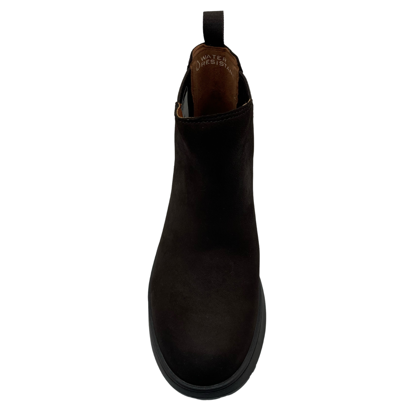 Top view of rounded toe bootie with pull on tab on heel