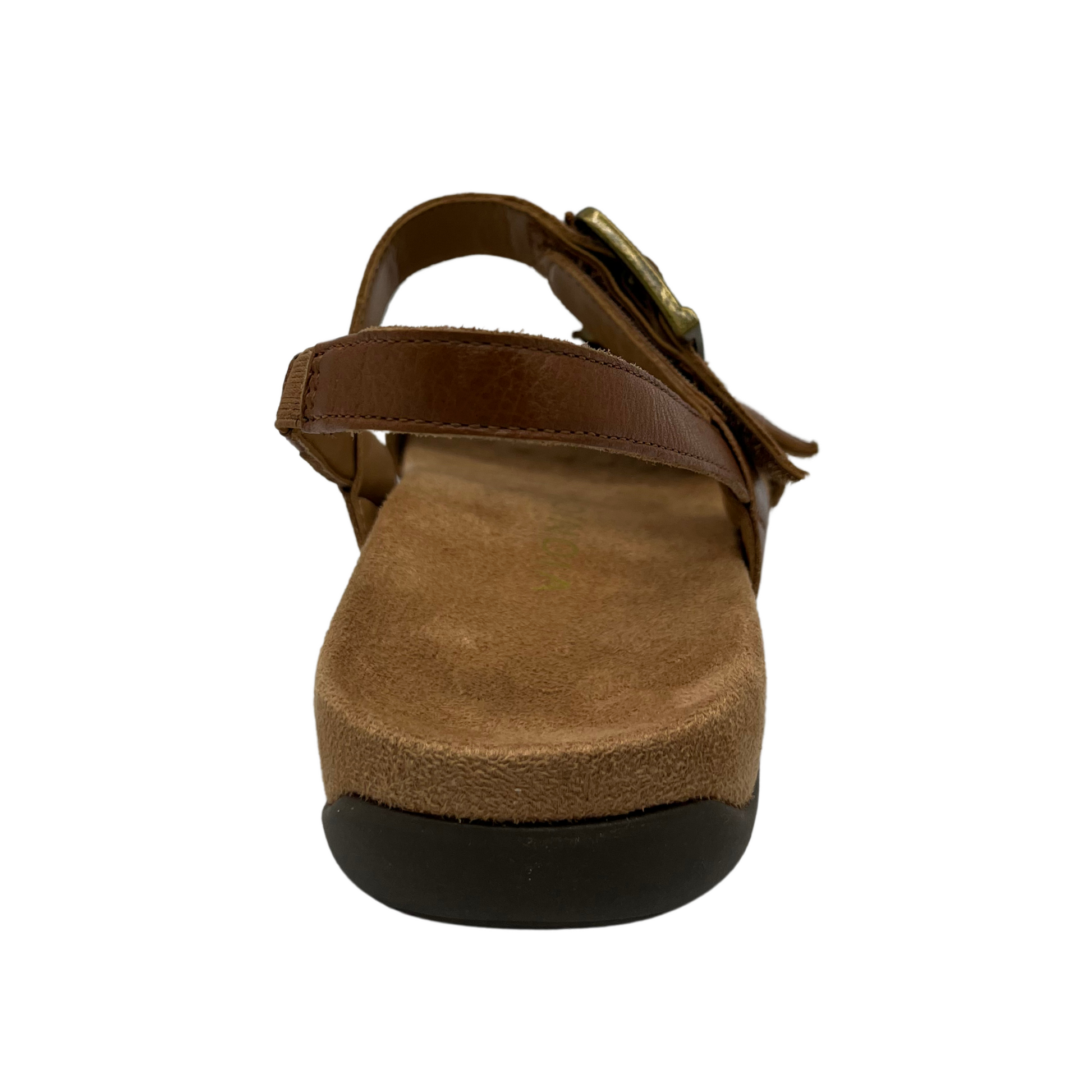 Back view of brown leather sandals with gold buckles, sling back strap and microfibre wrapped footbed.