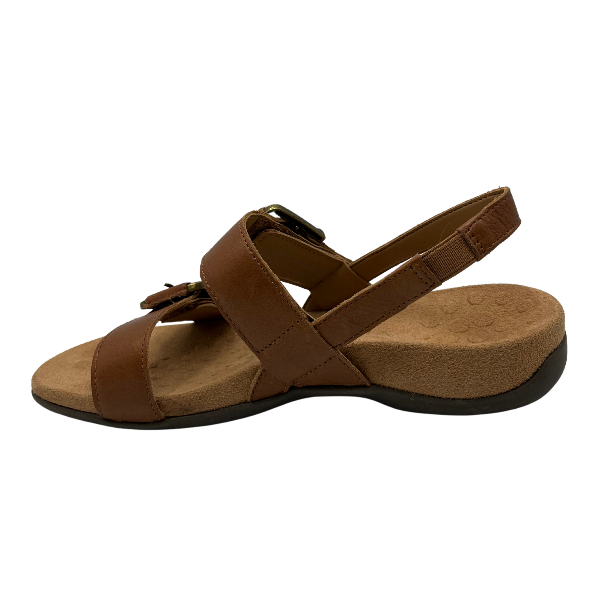 Left facing view of brown leather sandals with gold buckles, sling back strap and microfibre wrapped footbed.