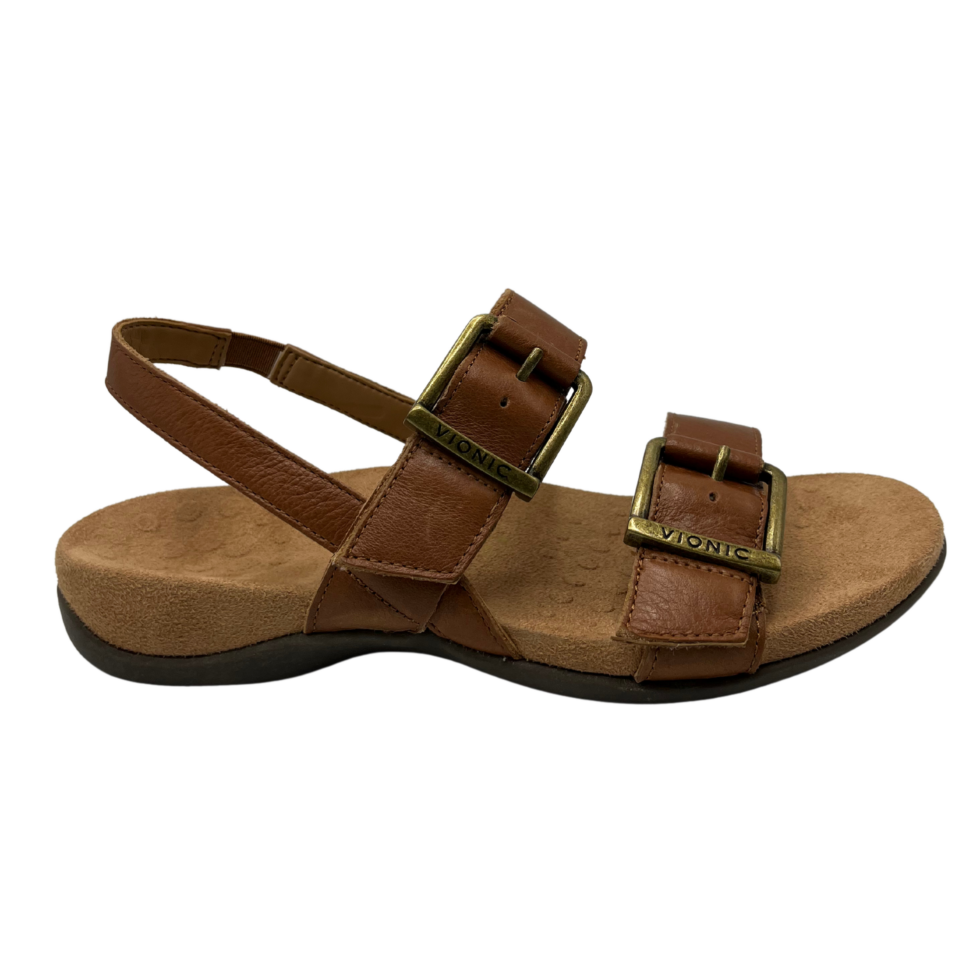 Right facing view of brown leather sandals with gold buckles, sling back strap and microfibre wrapped footbed.