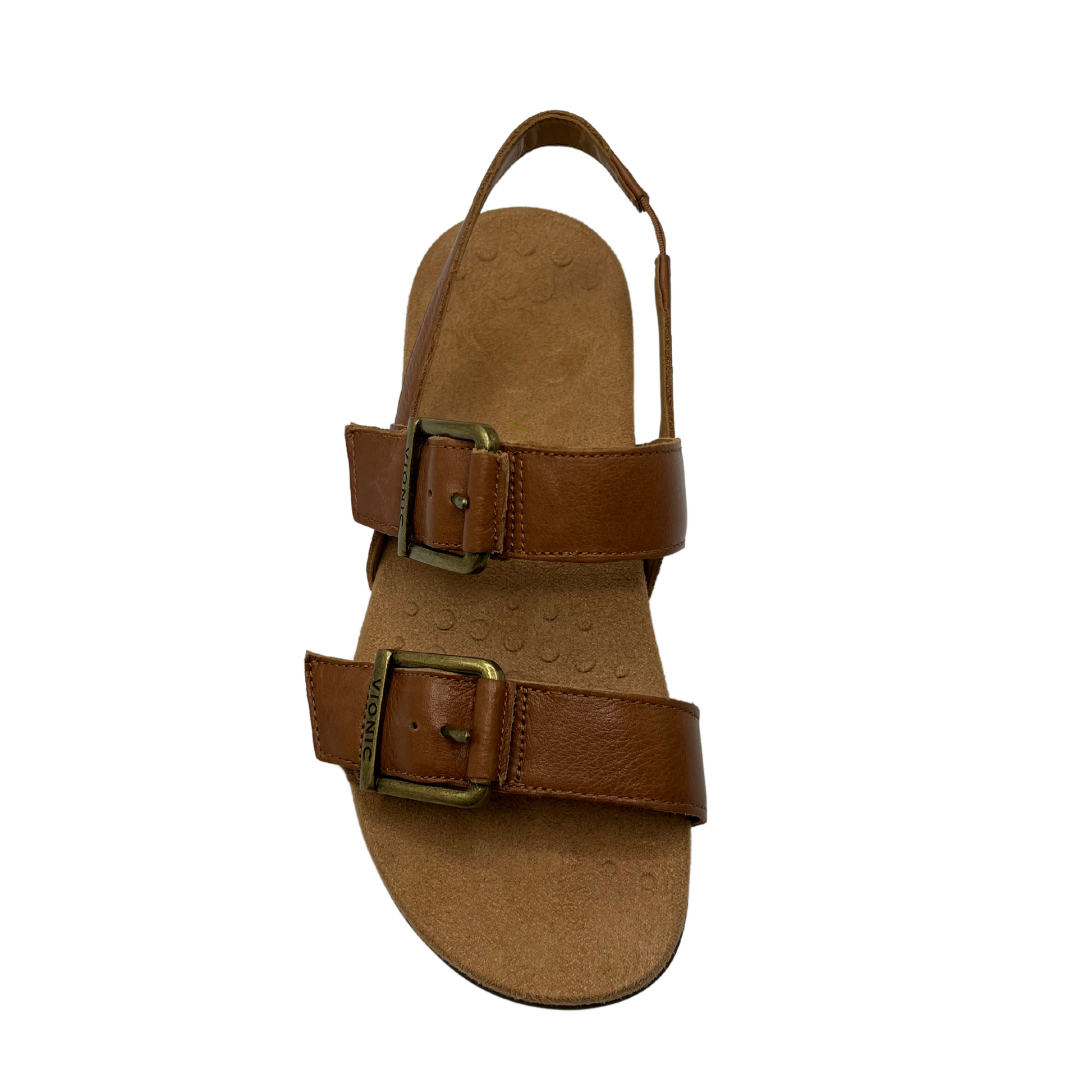 Top view of brown leather sandals with gold buckles, sling back strap and microfibre wrapped footbed.