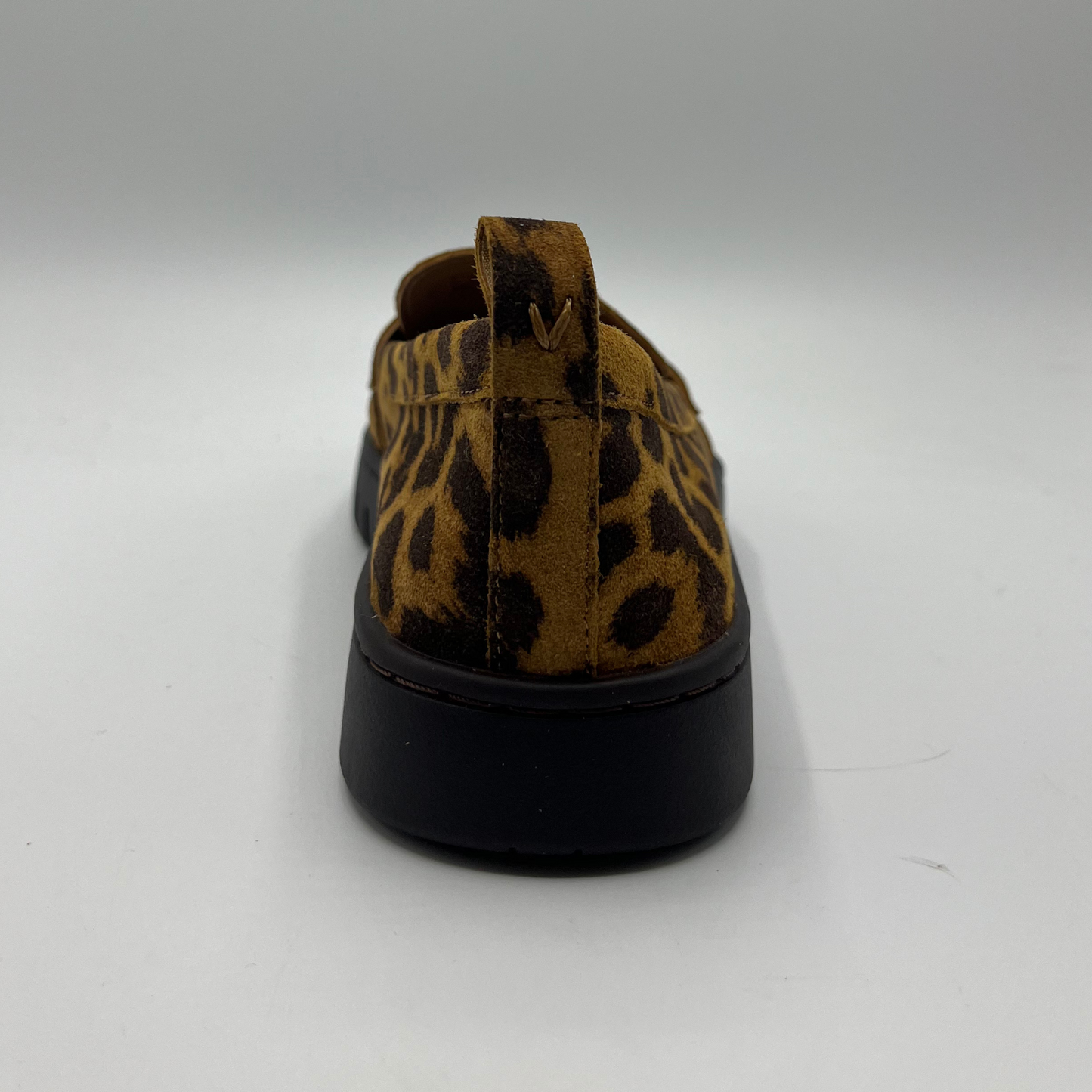 Back view of a leopard print suede loafer
