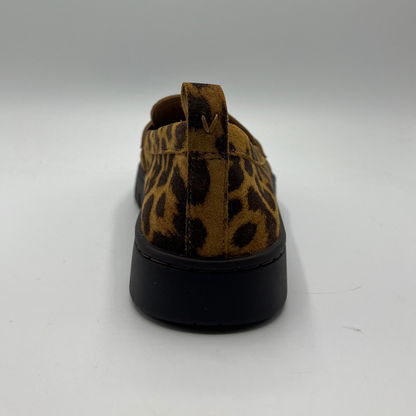 Back view of a leopard print suede loafer