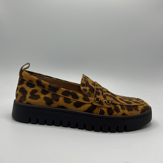 Right facing view of a leopard print suede loafer