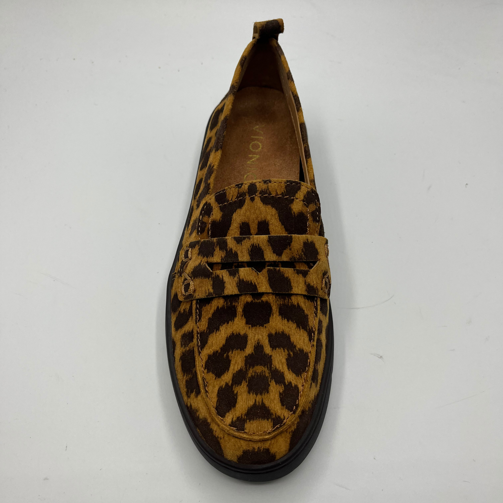 Top view of a leopard print suede loafer