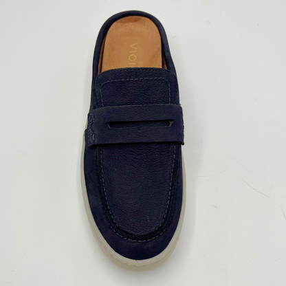 Top view of a navy slip on mule