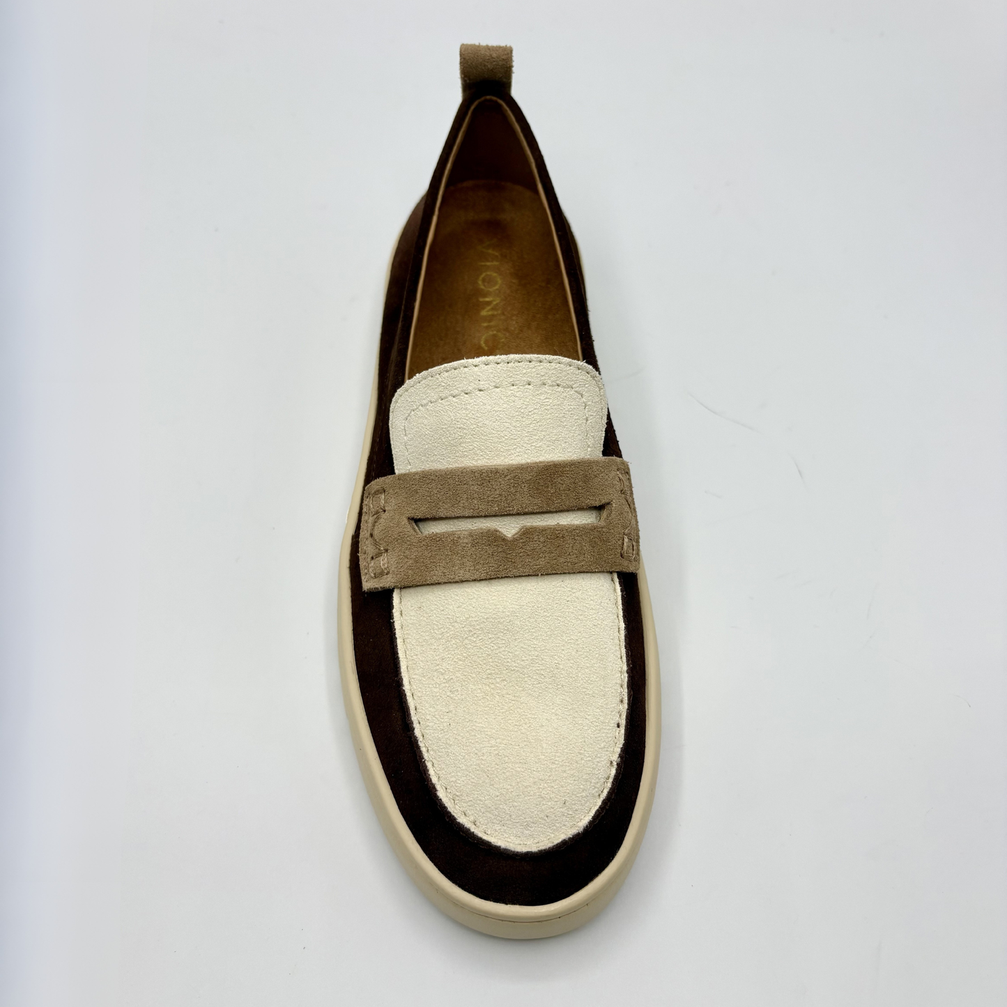Top view of a multi coloured leather loafer