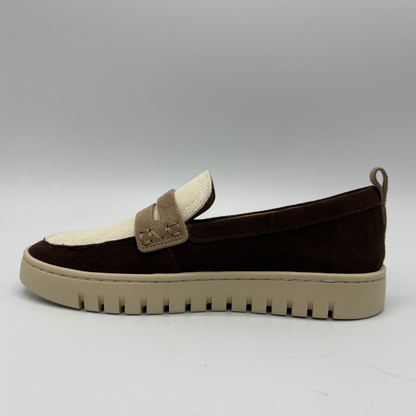 Left facing view of a multi coloured leather loafer
