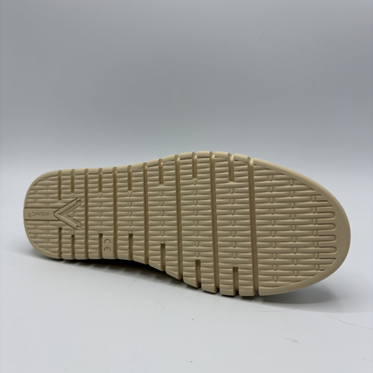 Bottom view of a multi coloured leather loafer