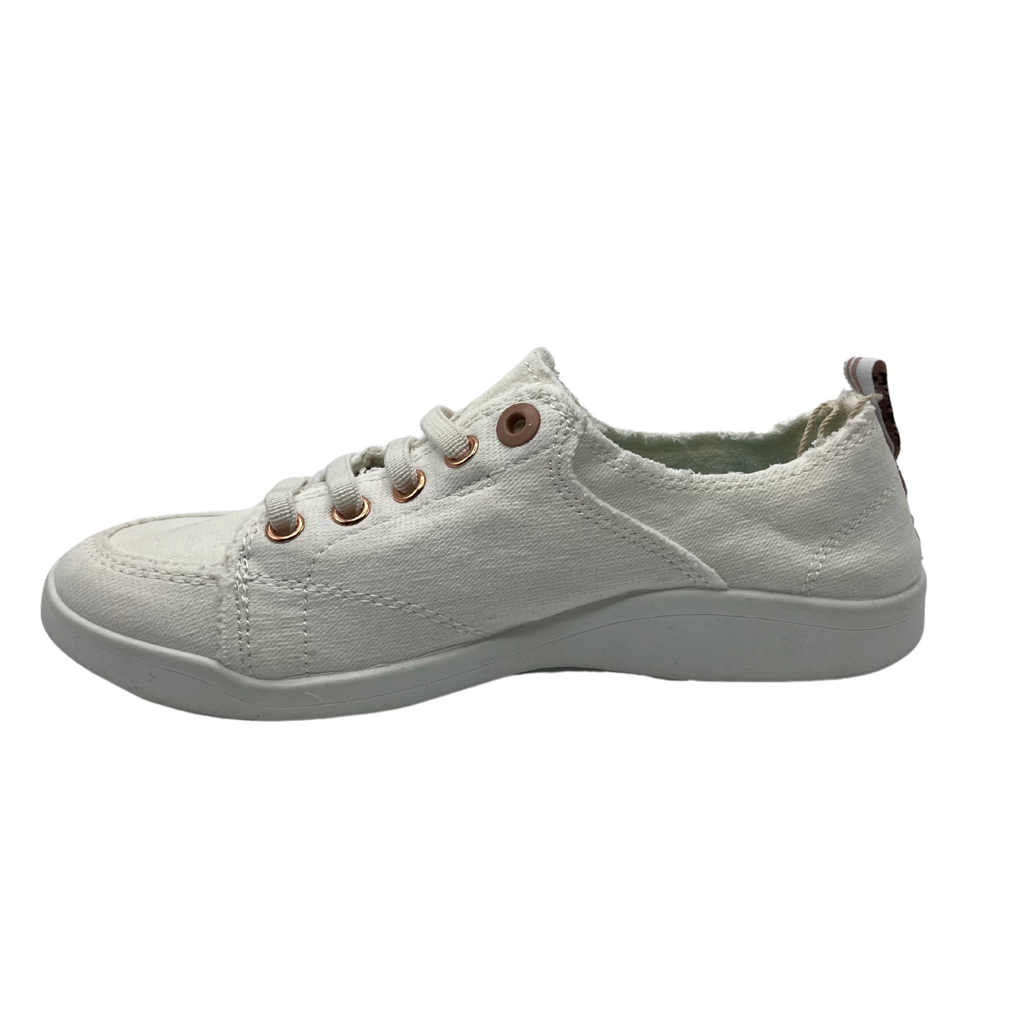 Left facing view of white canvas shoe with white rubber outsole and white laces
