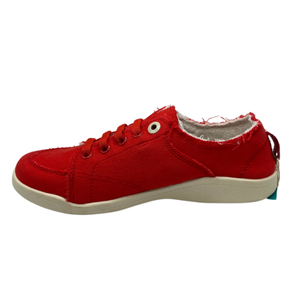 Left view of a red canvas sneaker with white rubber outsole