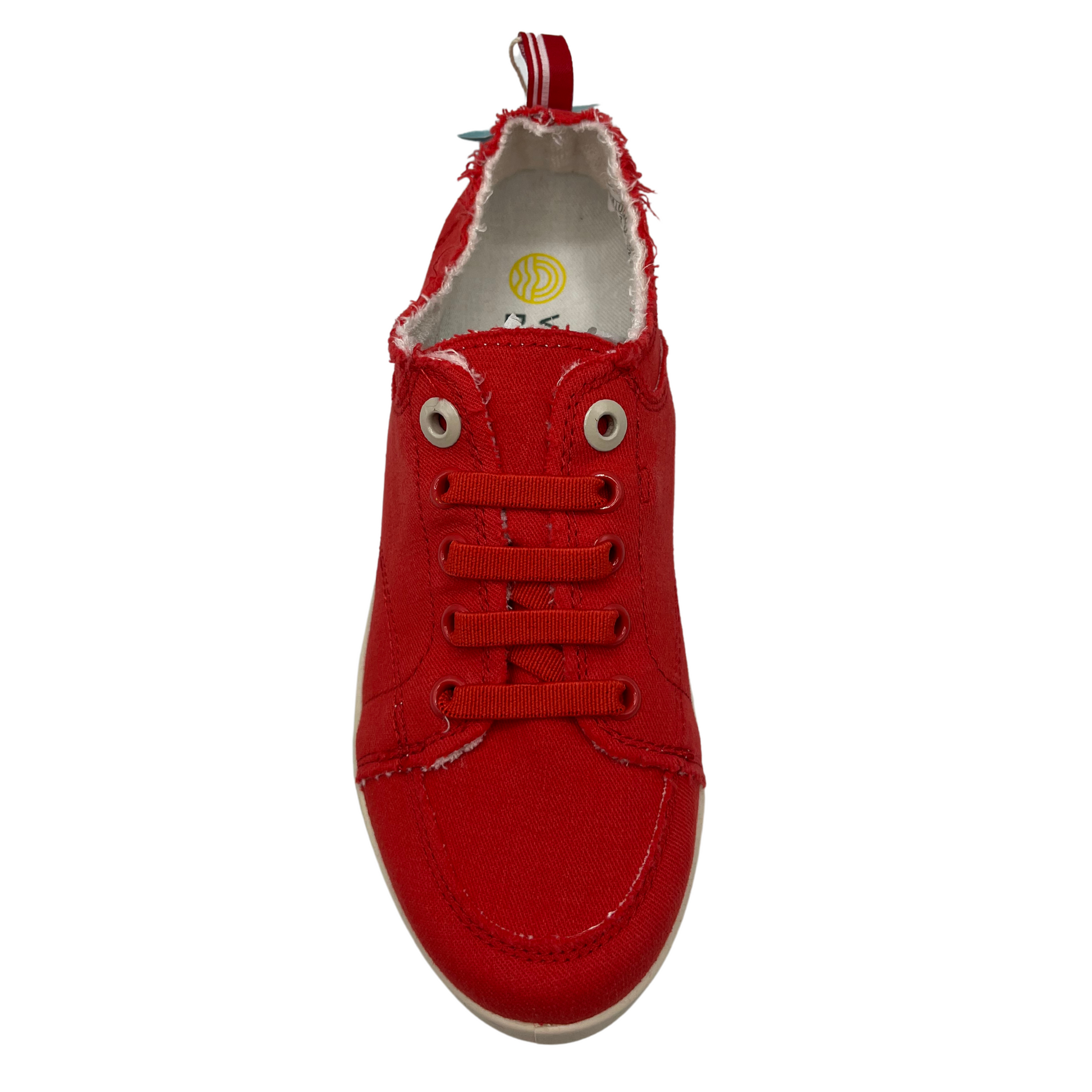 Top view of a red canvas sneaker with red laces and white outsole