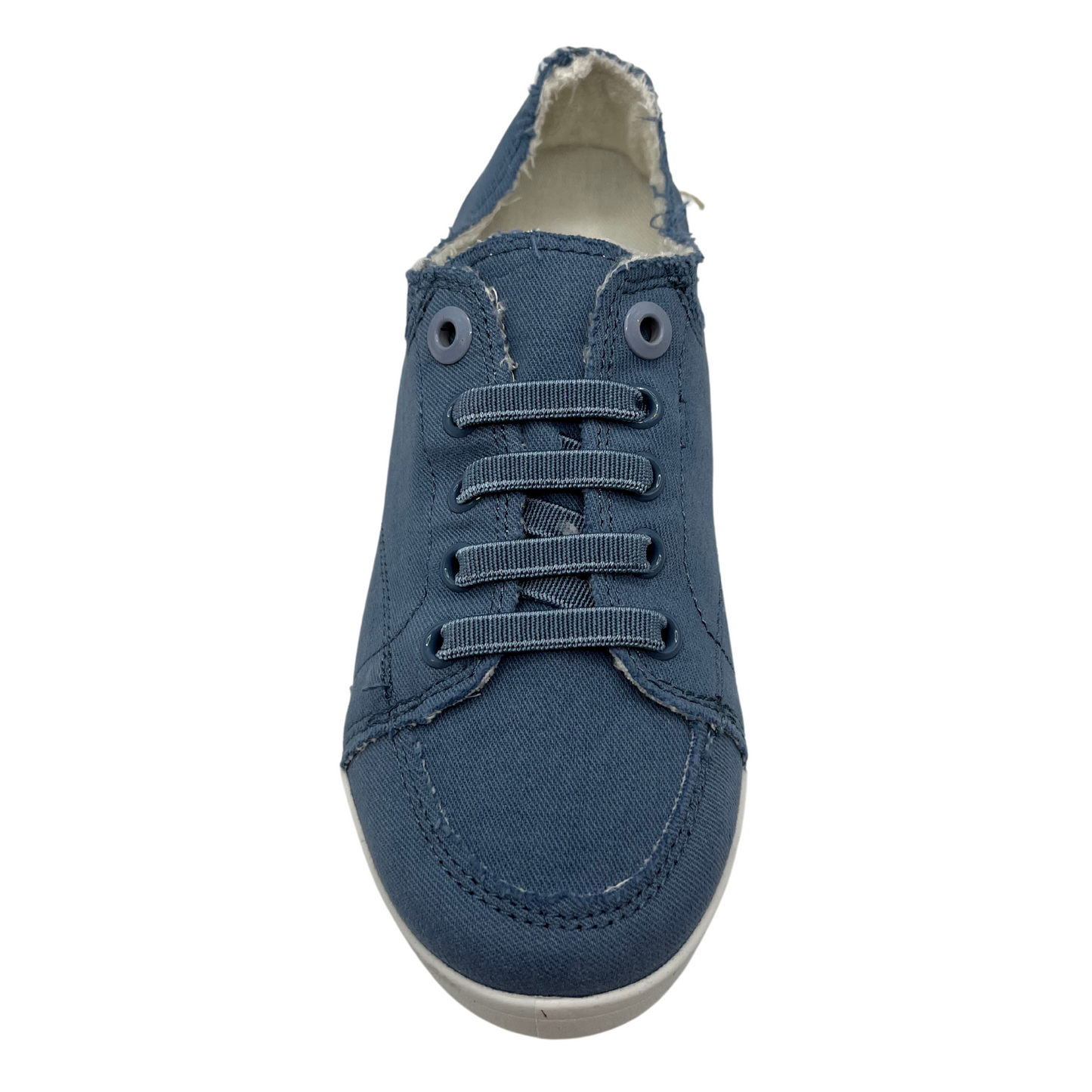 Top view of blue canvas sneaker with matching laces and white rubber outsole