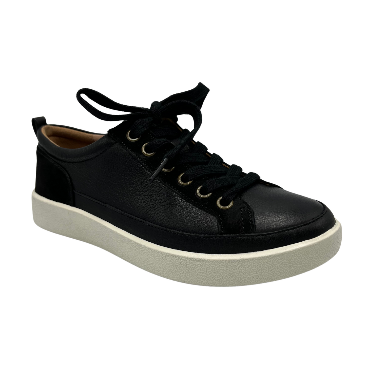 45 Degree angled view of black nubuck leather and suede sneaker with matching laces and white rubber outsole