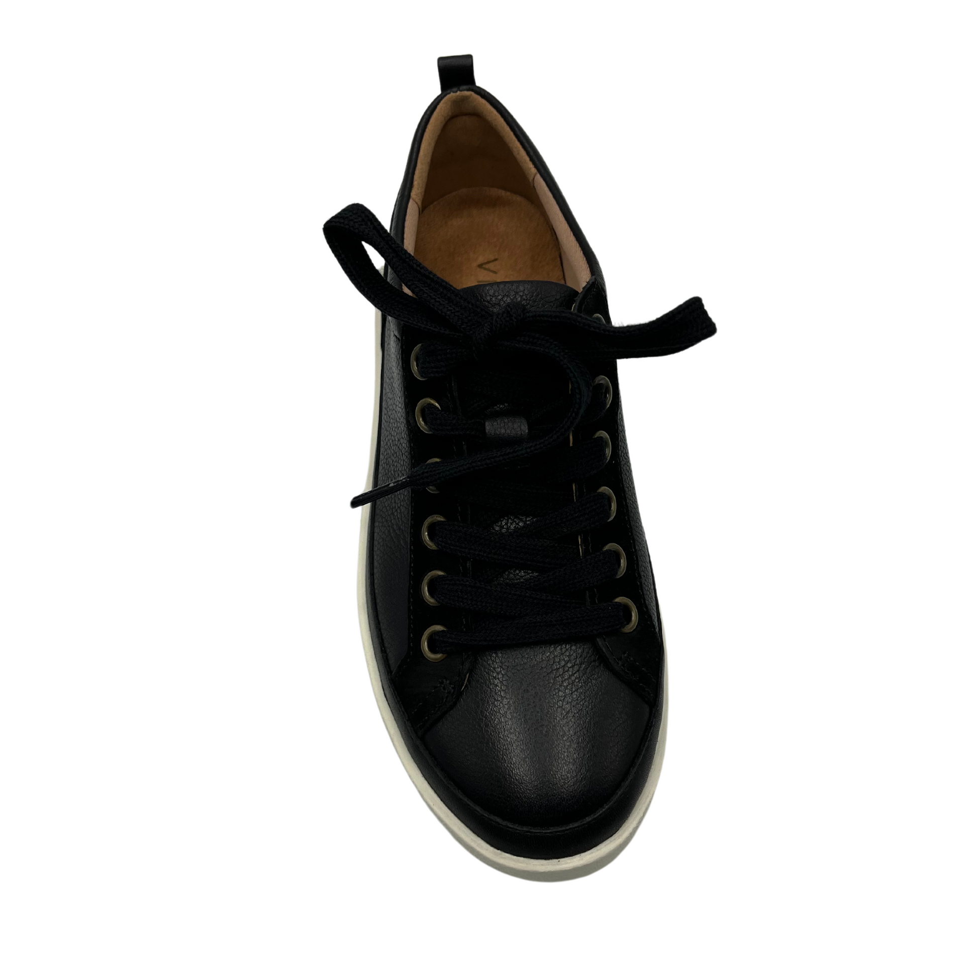 Top view of black nubuck leather and suede sneaker with matching laces and white rubber outsole