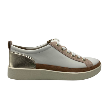 Right facing view of leather sneaker with brown and gold leather details