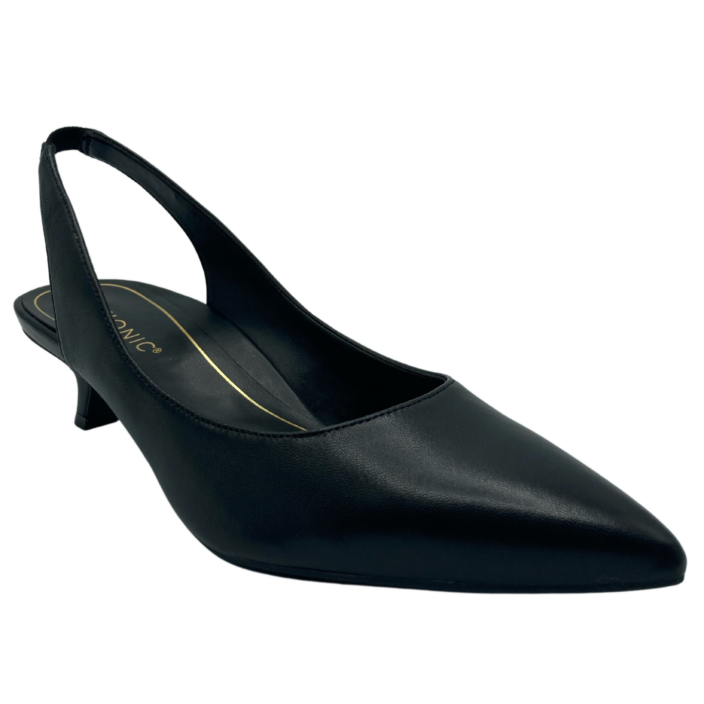 45 degree angled view of black leather, pointed toe, sling back heel with leather lining