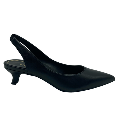 Right facing view of black leather, sling back with pointed toe and kitten heel