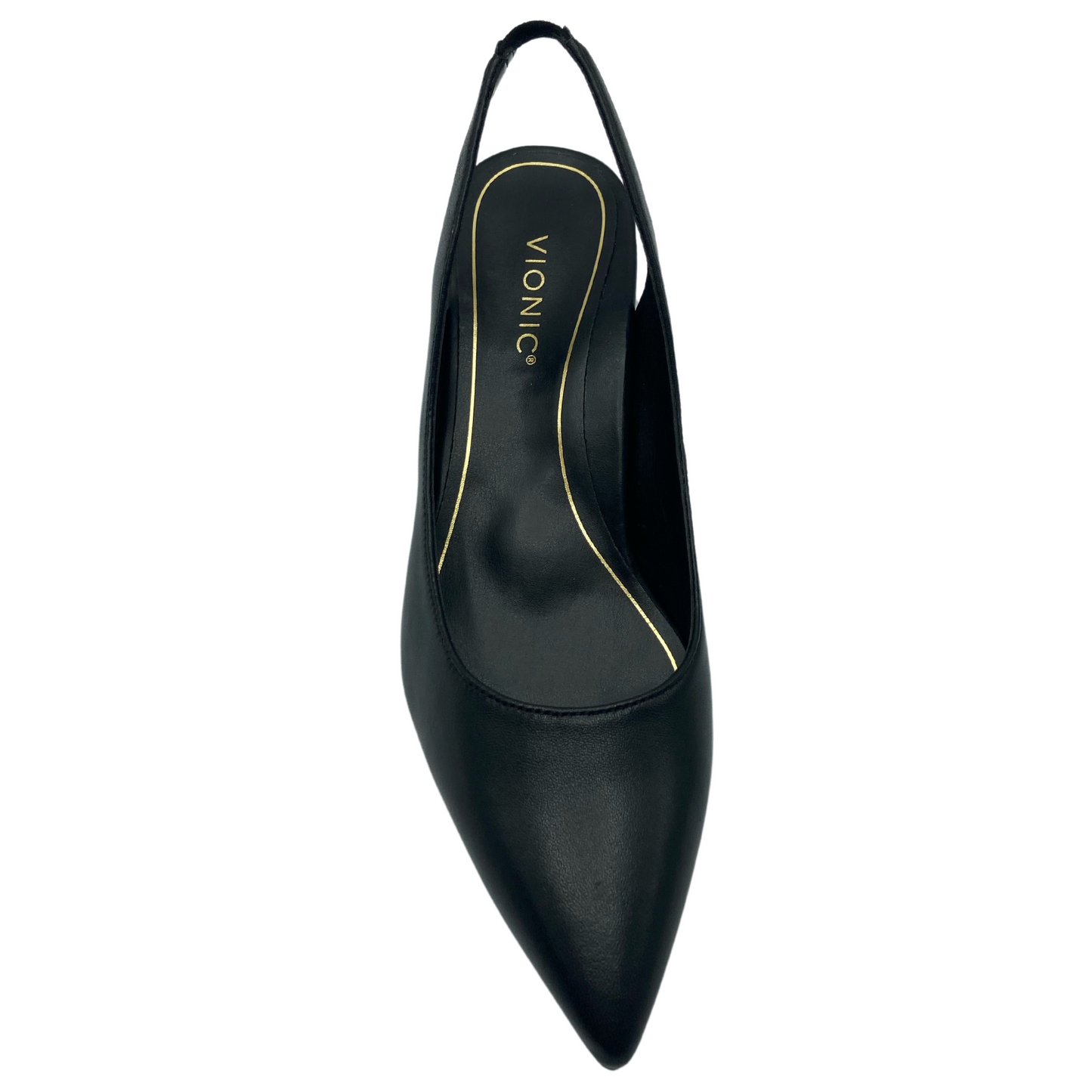 Top view of black leather sling back with pointed toe