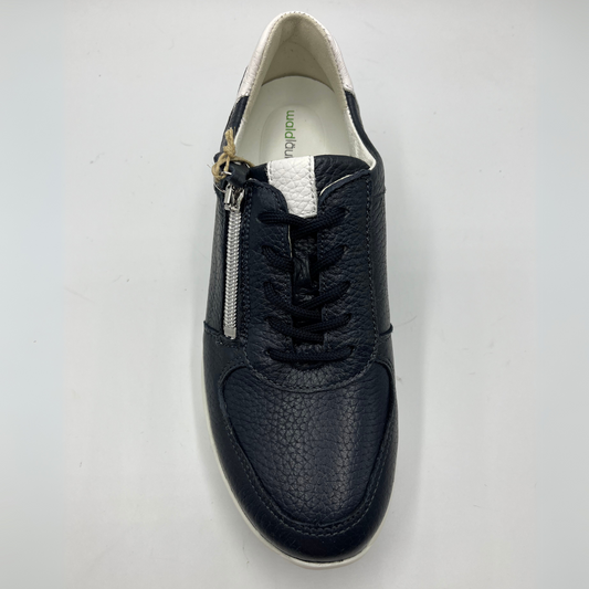 Top view of a navy leather sneaker with a white rubber outsole with laces and a side zipper closure.