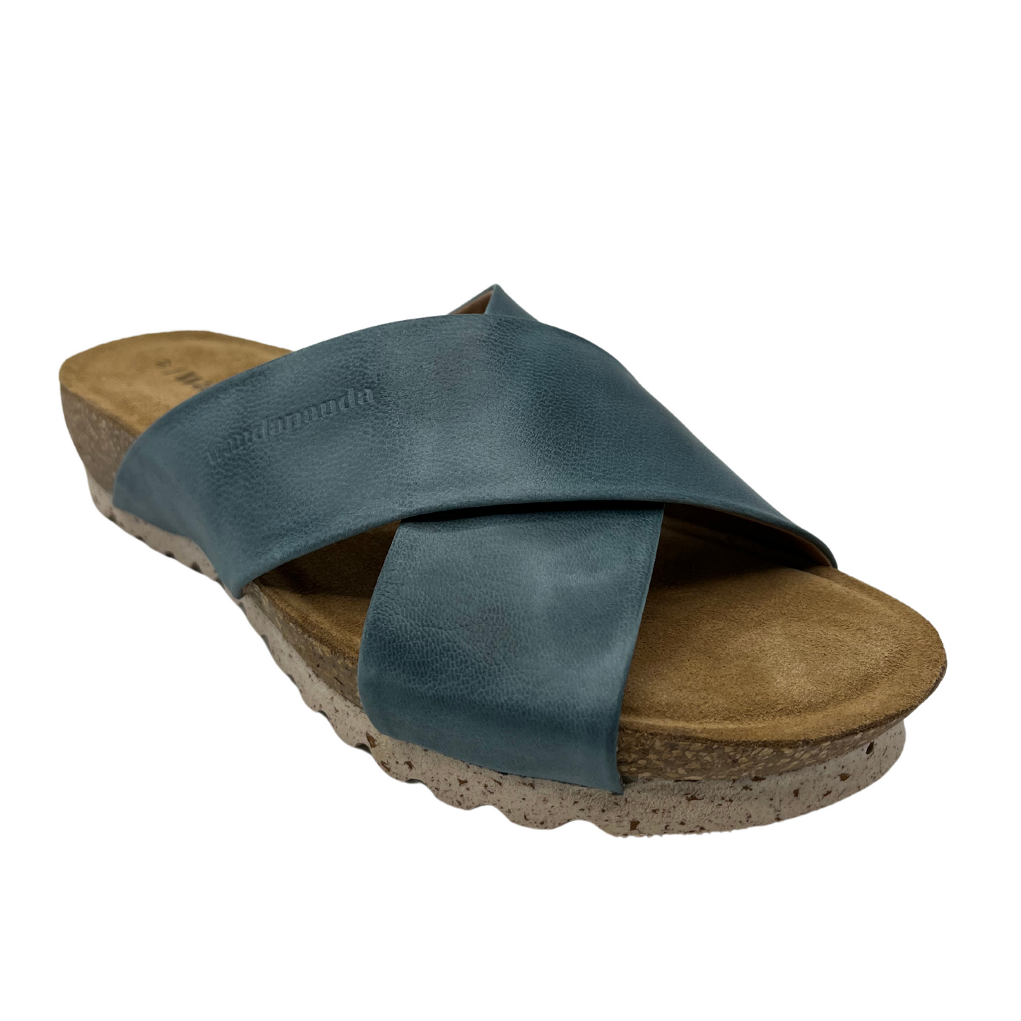 45 degree angled view of sandal with blue leather straps
