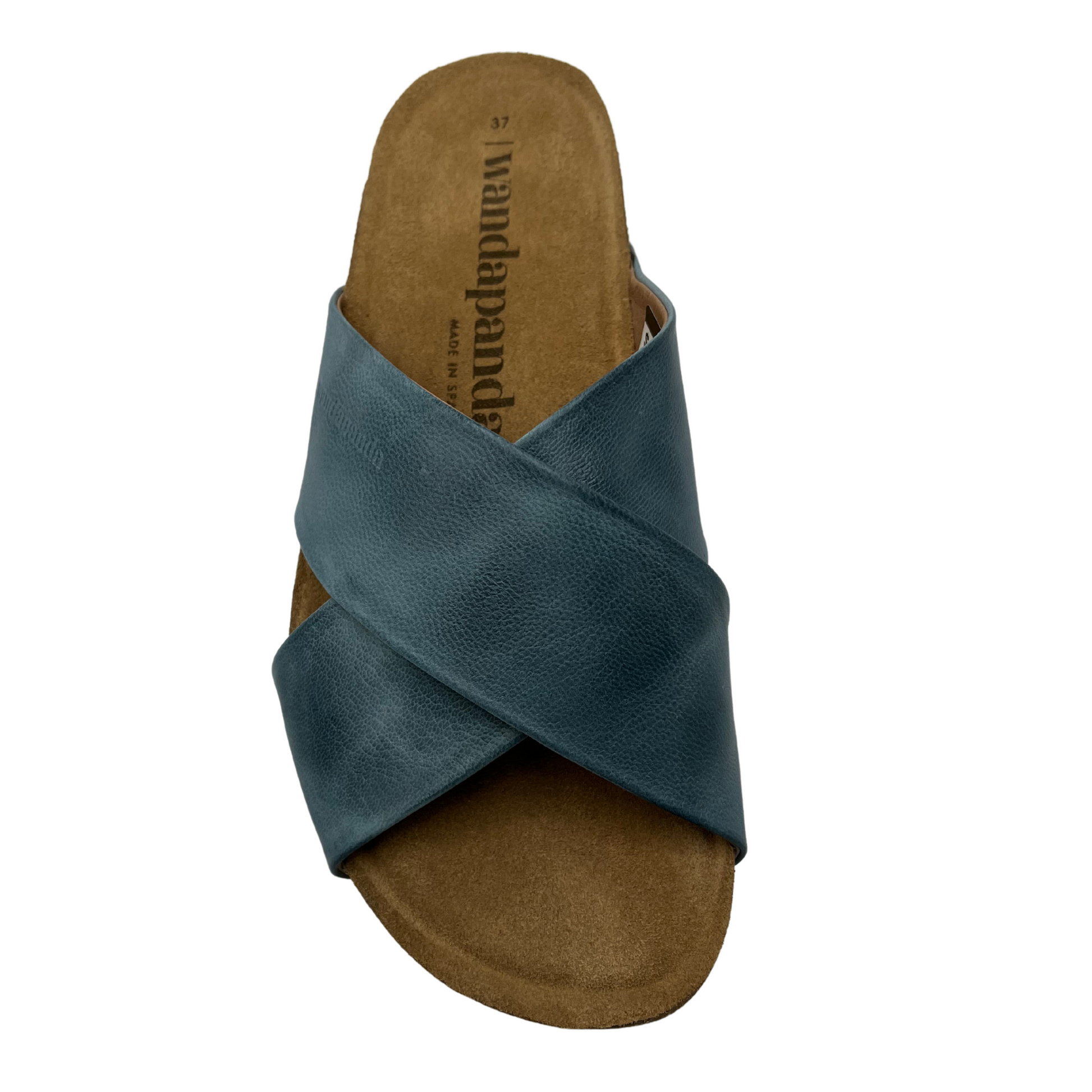 Top view of sandal with blue leather cross straps