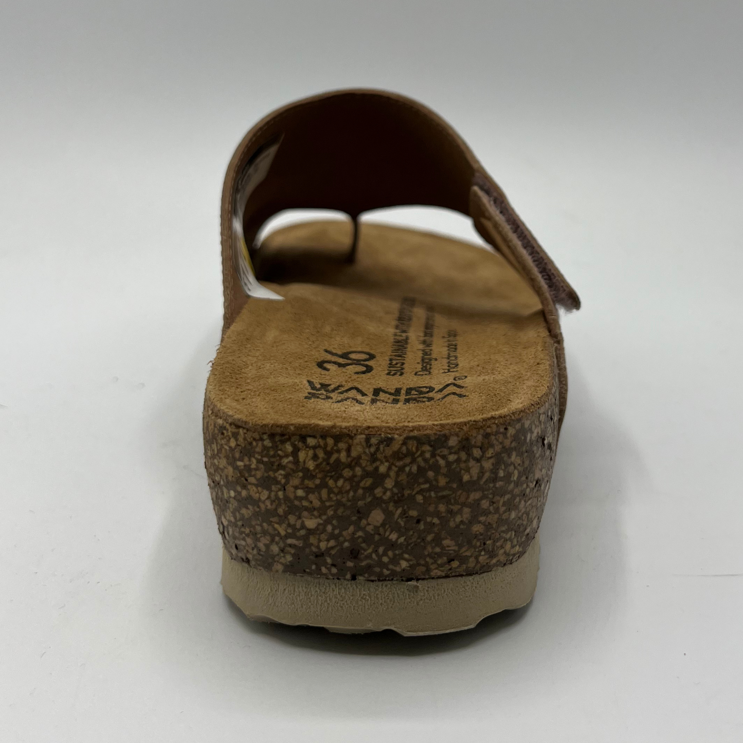 Back view of beige leather sandal with cork footbed 