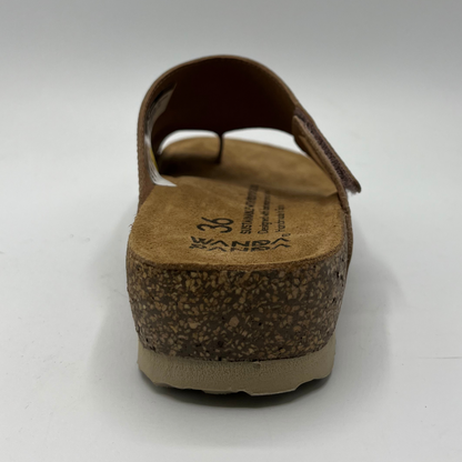 Back view of beige leather sandal with cork footbed 