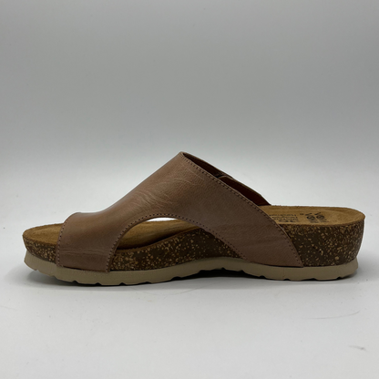 Left facing view of beige leather sandal with cork footbed 