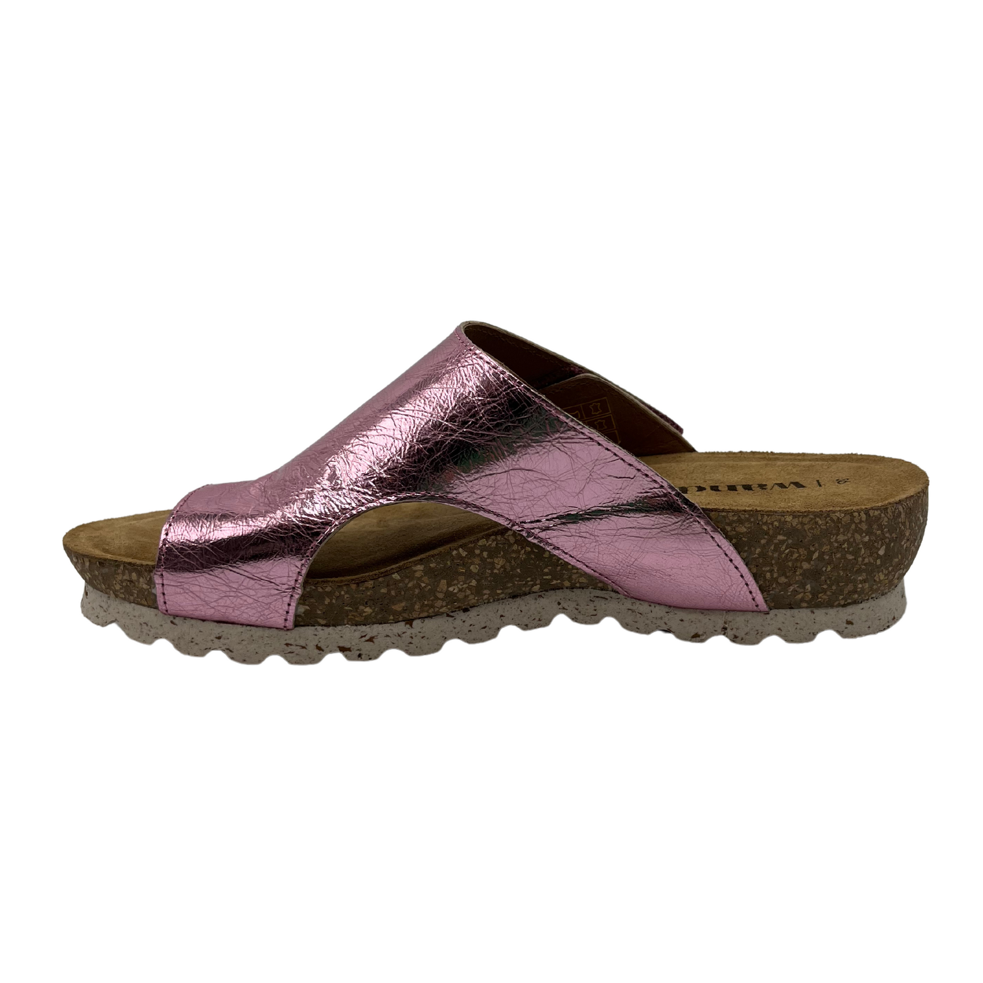 Left facing view of pink leather sandal with cork footbed